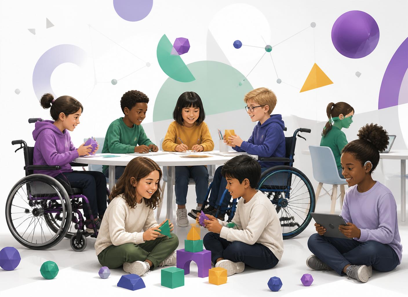Crianças com diferentes habilidades aprendendo juntas em sala de aula inclusiva